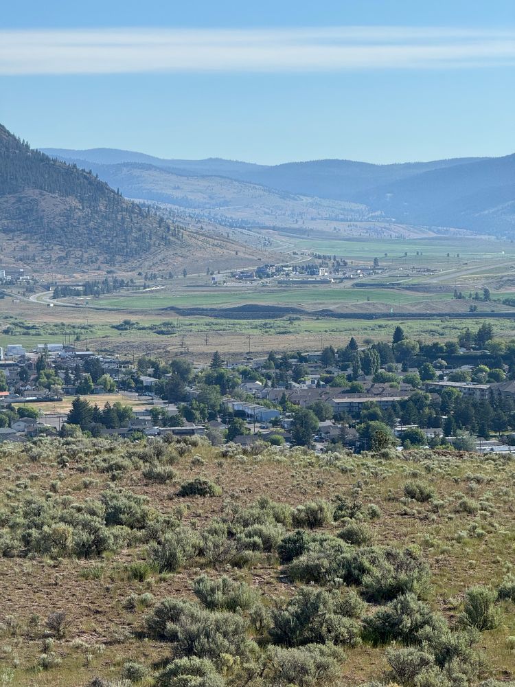 A view looking up the Nicola valley from a hill. The foreground is sage brush and rabbit brush. Some of Merritt is visible in the middle. Mountains and ranches in the distance. 