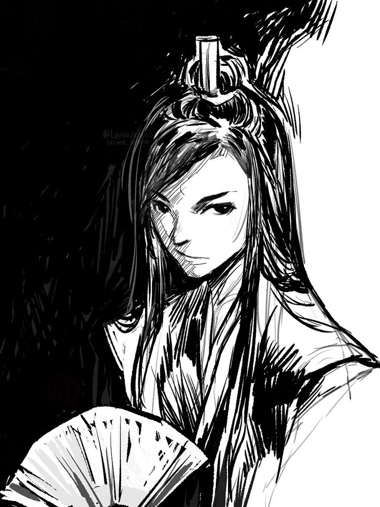 ink drawing of a man dressed in hanfu. He has long, straight, black hair and he's holding a fan close to his chest. there seems to be a deliberate intent in his eyes to keep his truth half hidden in the shadows.