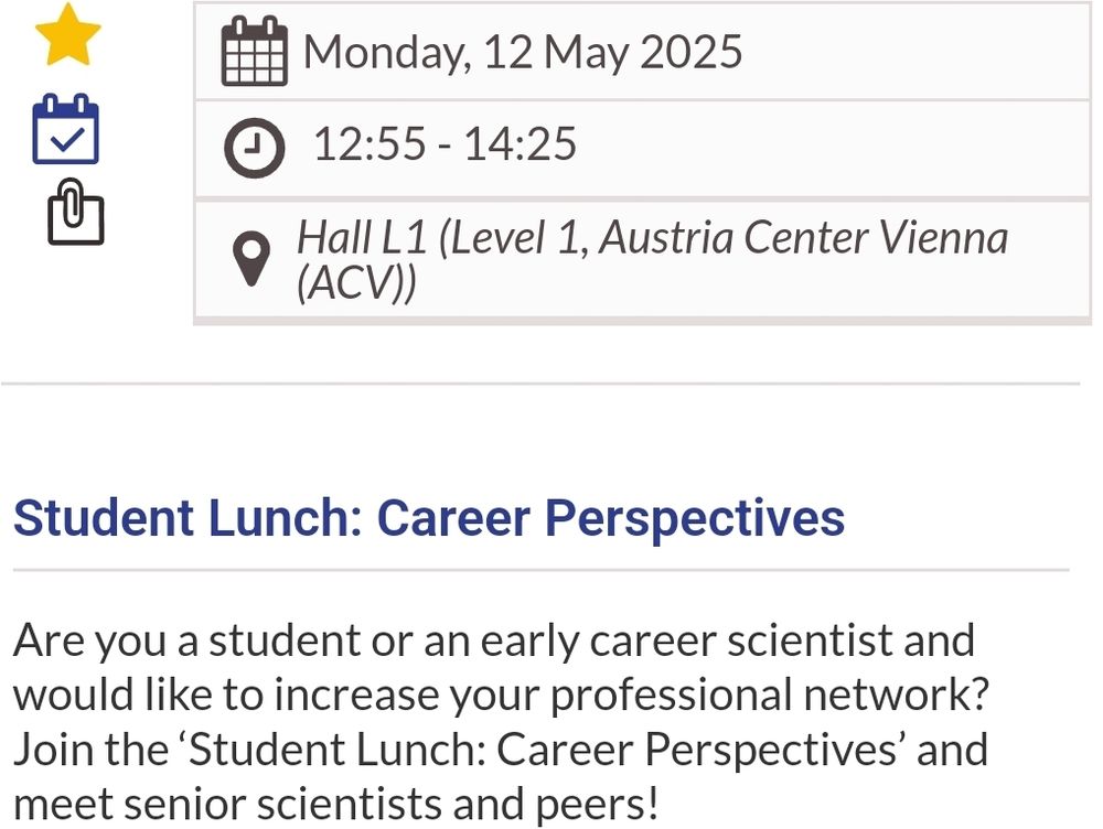 Extract from a conference program about a student lunch to meet mentors and talk about career perspectives happening in Hall L1 today from 12.55 -14.25