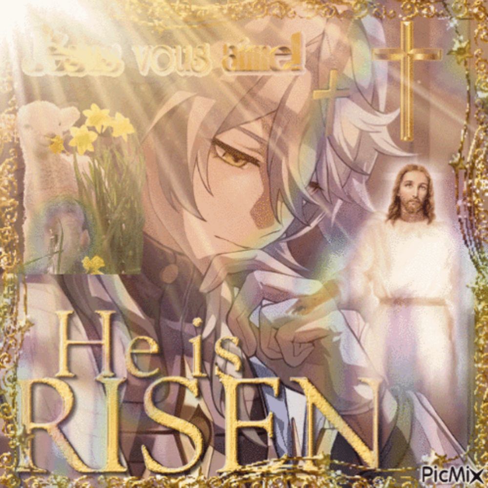 a picture of jesus with the words " he is risen " on it