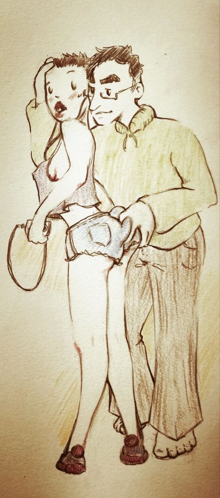 Color pencil drawing of a man with glasses grabbing a girl's butt. He's gently stroking her short hair. The whole vibe is very cosy, very quaint.