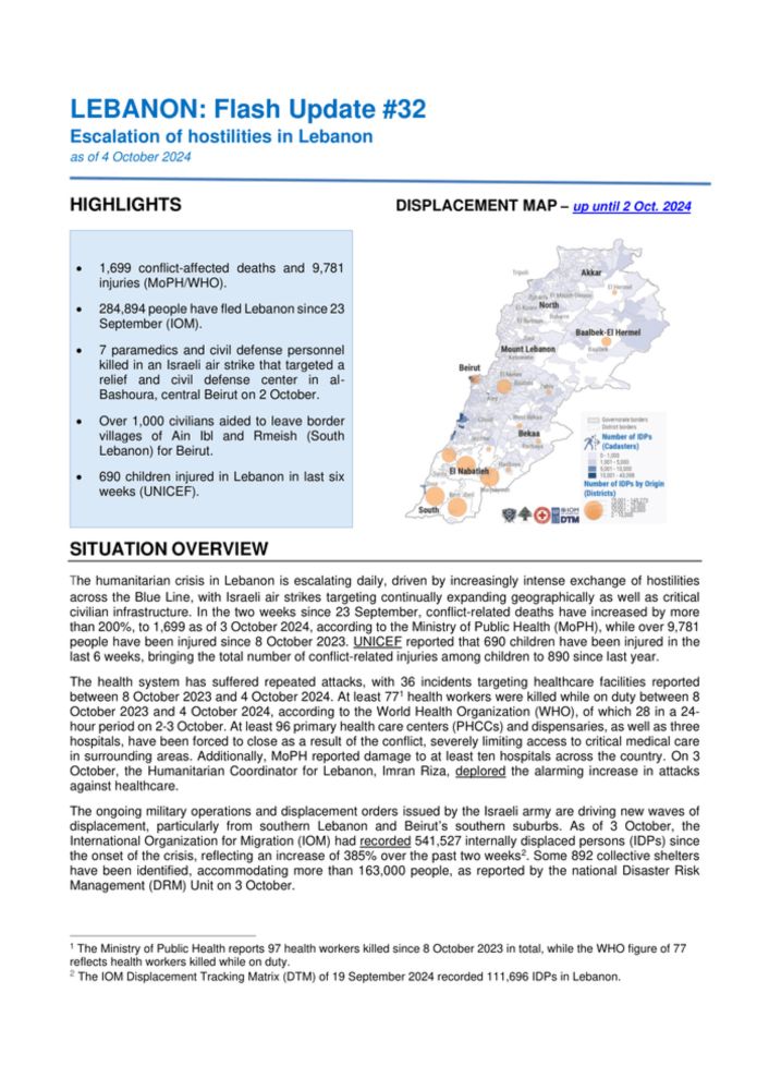 Lebanon: Flash Update #32 - Escalation of hostilities in Lebanon, as of 4 October 2024 - Lebanon