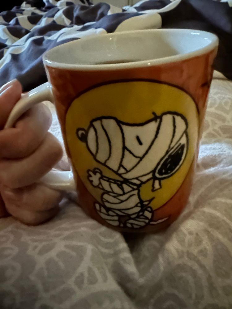 Eine volle Tasse Kaffee mit folgendem Motiv:
Orangefarbene Tasse mit einem großen gelben Kreis (Mond) und im Vordergrund ein in Mullbinden eingewickelter Snoopy, der die Augen geschlossen und die Arme nach vorne ausgestreckt hat wie eine gehende Mumie.