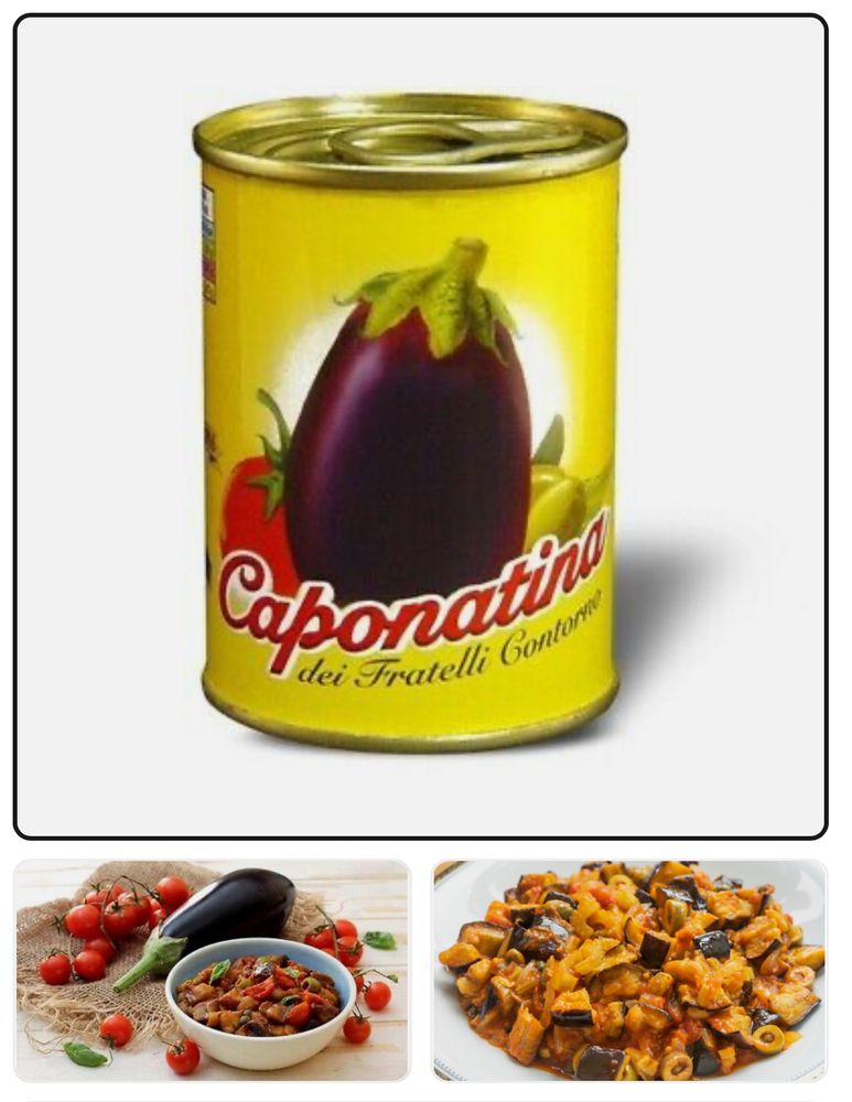 Foto einer kleinen Dose Caponatina (Aubergine mit Tomate).