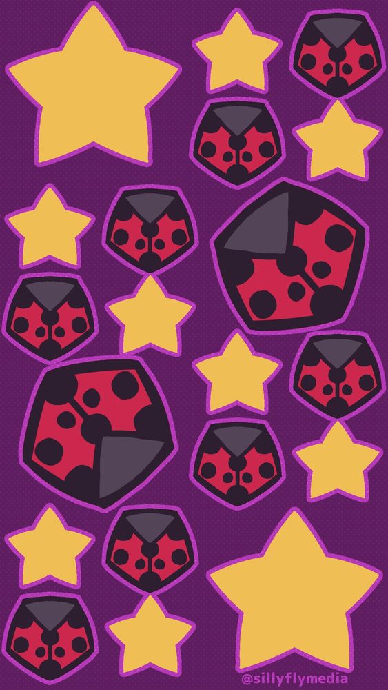 A pattern of golden stars and red and black pentagons designed and stylized like a ladybug all against a purple background