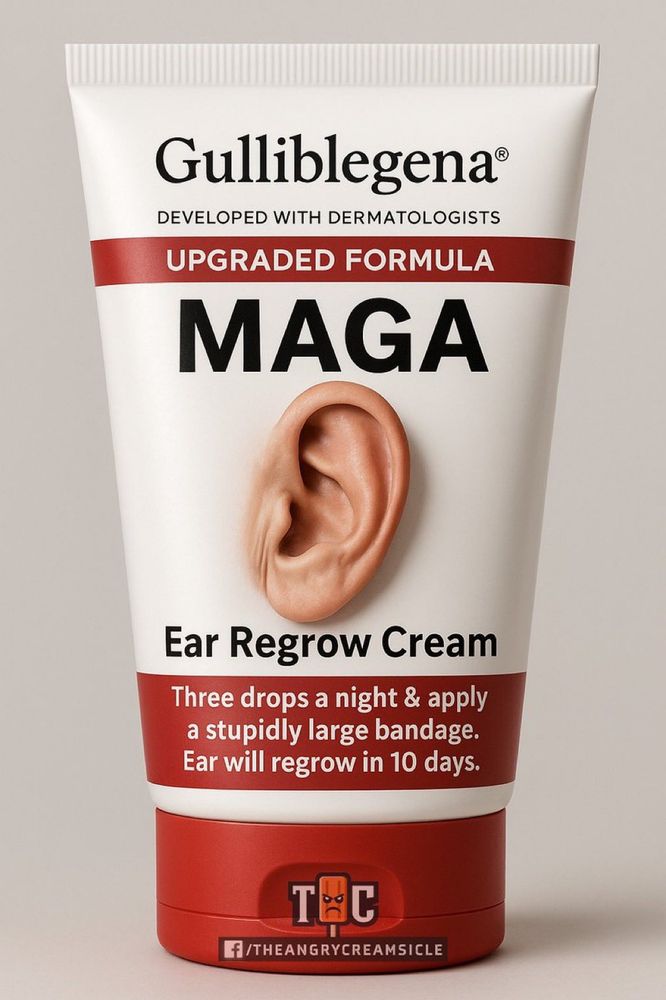 Shows an ad for MAGA Ear Regrow Cream, a parody of the fact that Donald Trump's supposedly gunshot ear was barely scratched by a bullet that would normally have vaporized it. Proclaims "Three drops a night & apply a stupidly large bandage. Ear will regrow in 10 days." Manufactured by "Gulliblegena".