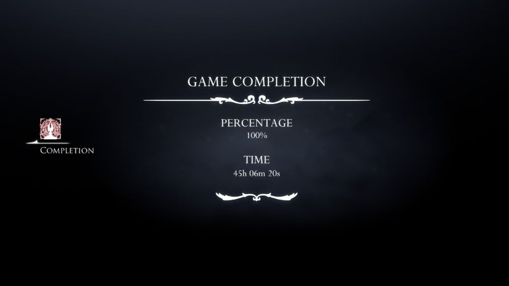 100% completion screen of Hollow Knight: Silksong. Time displayed of 45h 06m 20s