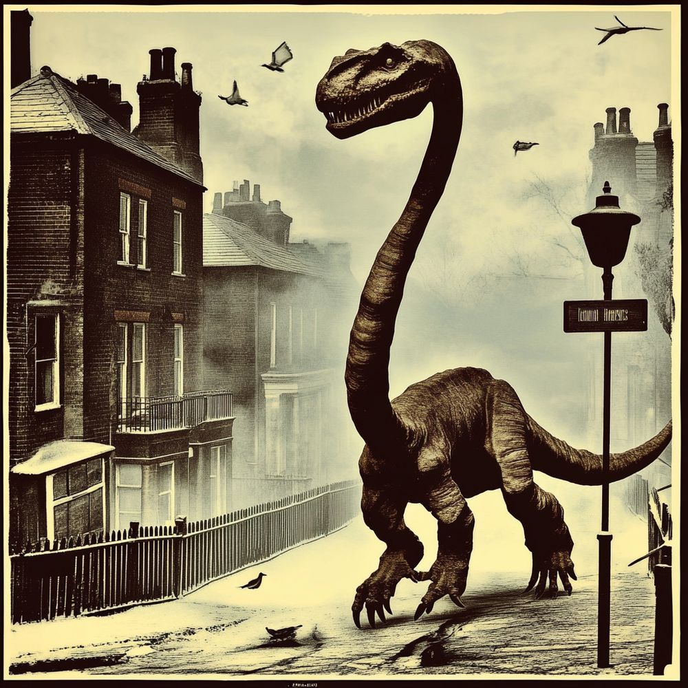 Ai image of a megalosaurus walking through the streets of dickensian london. 