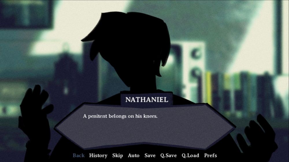A silhouetted figure of Nathaniel says "A penitent belongs on his knees," against an edited photograph of his room. 