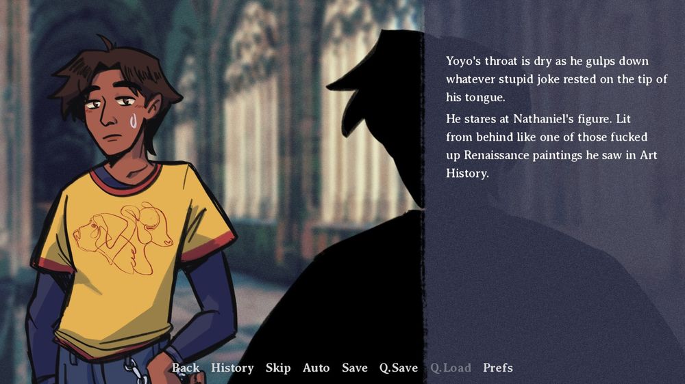 Visual novel screenshot of two guys facing each other, standing in a hallway with elegant architecture. Novel-mode textbox on the right says: "Yoyo's throat is dry as he gulps down whatever stupid joke rested on the tip of his tongue. He stares at Nathaniel's figure. Lit up from behind like one of those fucked up Renaissance paintings he saw in Art History."