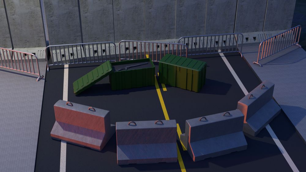 Low Poly scene — 4 Concrete Barriers in front of 2 Military Crates, one is open with a shotgun inside. Behind the crates, 5 Police Fences sit in front of a wall of Concrete Walls cutting off the rest of the road and sidewalk.