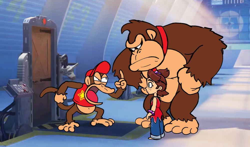 Donkey Kong, Diddy Kong and Pauline reenacting a scene from Monster's Inc.
