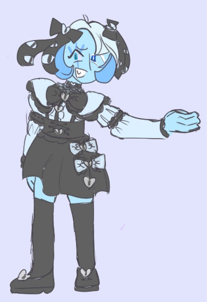 Shadow Milk Cookie in a blue jirai outfit. the hearts on all the bows have eyes, and he wears two head bows with long tails scattered with eyes. 