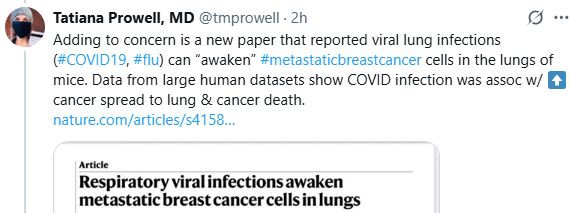 Adding to concern is a new paper that reported viral lung infections (#COVID19, #flu) can “awaken” #metastaticbreastcancer cells in the lungs of mice. Data from large human datasets show COVID infection was assoc w/ ⬆️ cancer spread to lung & cancer death.
https://nature.com/articles/s41586-025-09332-0