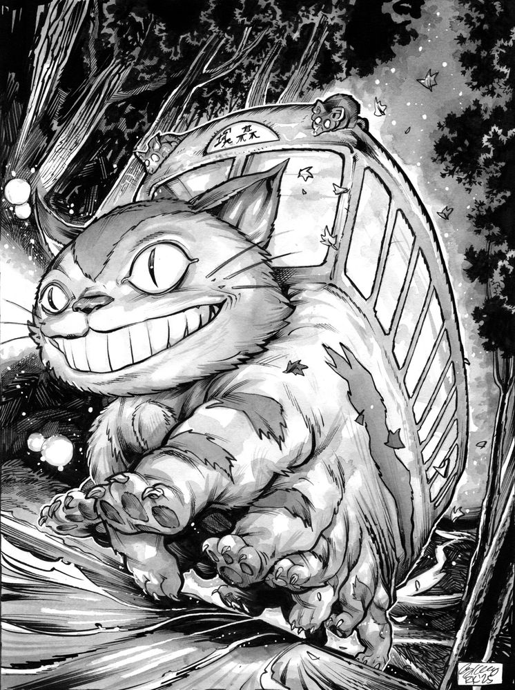 Gray sketch of Catbus from the Studio Ghibli film traveling through a dark forest