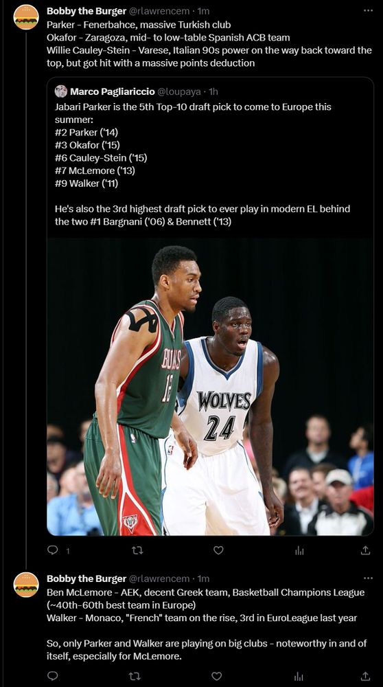 Retweet: Five former top-10 NBA draft picks will go to Europe for the first time.

My post, adding context about the teams they are joining:

Jabari Parker (#2 pick in 2014) is going to Fenerbahce, a massive Turkish club
Jahlil Okafor (#3 pick in 2015) is going to Zaragoza, a mid- to low-table Spanish ACB team
Willie Cauley-Stein (#6 pick in 2015) is going to Varese, Italian 90s power on the way back toward the top, but got hit with a massive points deduction
Ben McLemore (#7 pick in 2013) is going to AEK, decent Greek team, Basketball Champions League (~40th-60th best team in Europe)
Kemba Walker (#9 pick in 2011) is going to Monaco, "French" team on the rise, 3rd in EuroLeague last year

So, only Parker and Walker are playing on big clubs - noteworthy in and of itself, especially for McLemore.
