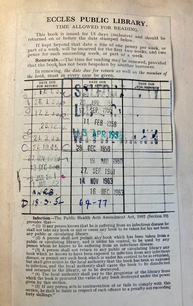 Date label from a book withdrawn from Eccles Public Library, bearing return dates from 1938 to 1977.