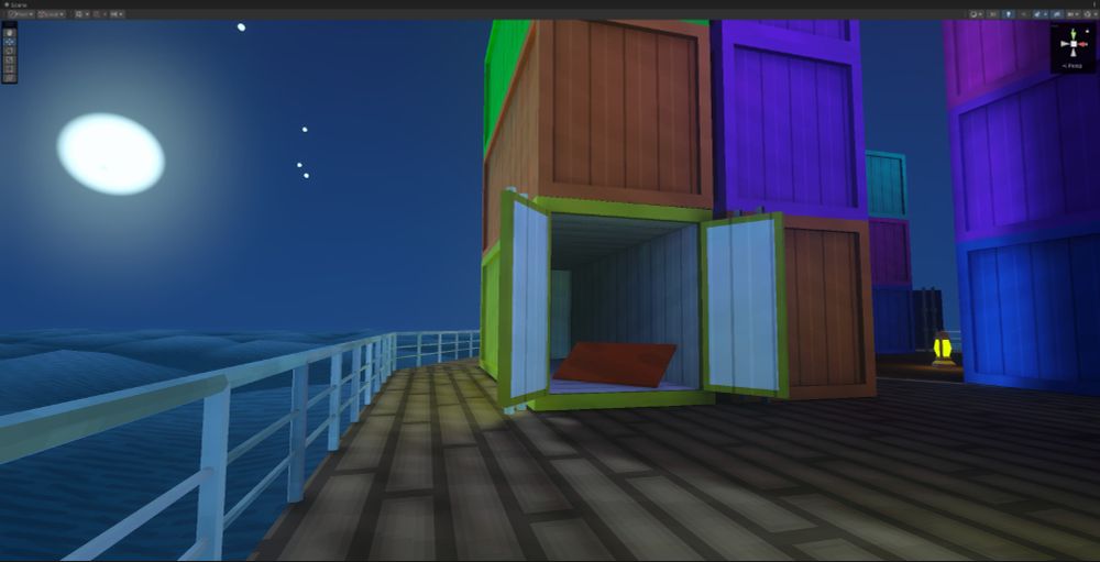 A scene of a cargo ship viewed from next to the railing. The deck is covered in stacks of metal shipping containers, one open and containing a painting, and rolling water is visible in the background.