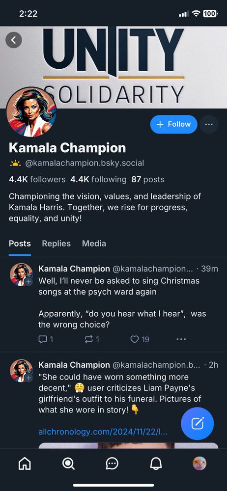 Screenshot of Bluesky profile @kamalachampion.bsky.social
Same most recent post