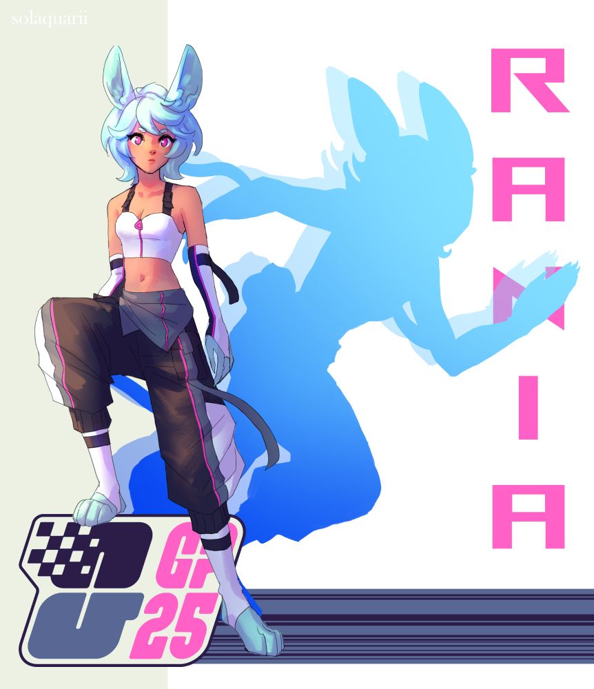 A bunny girl posing on the chroma corps logo. A silhouette of her running is behind her, along with her name "rania" imposed behind that