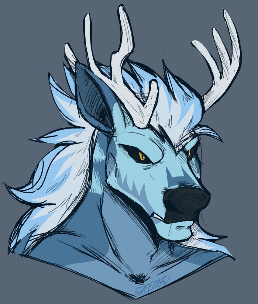 Monochrome sketch of a deer, in blue, the character is shown from the shoulders while facing right, looking annoyed or angry