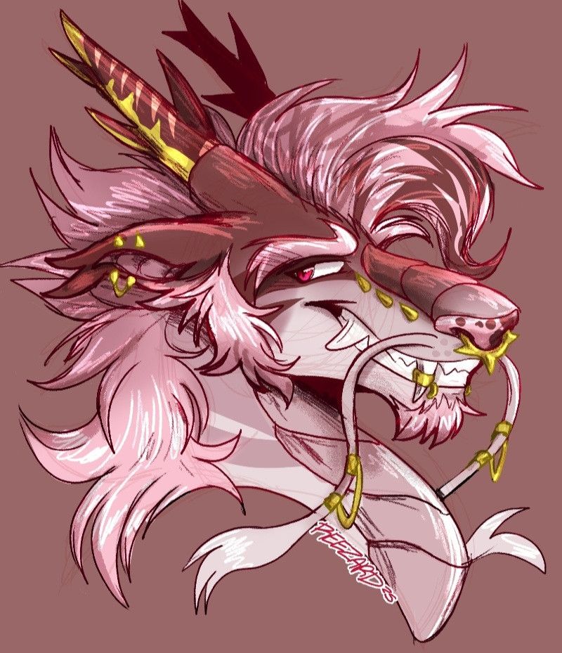 Monochrome sketch headshot of a eastern dragon, in pink with gold highlights