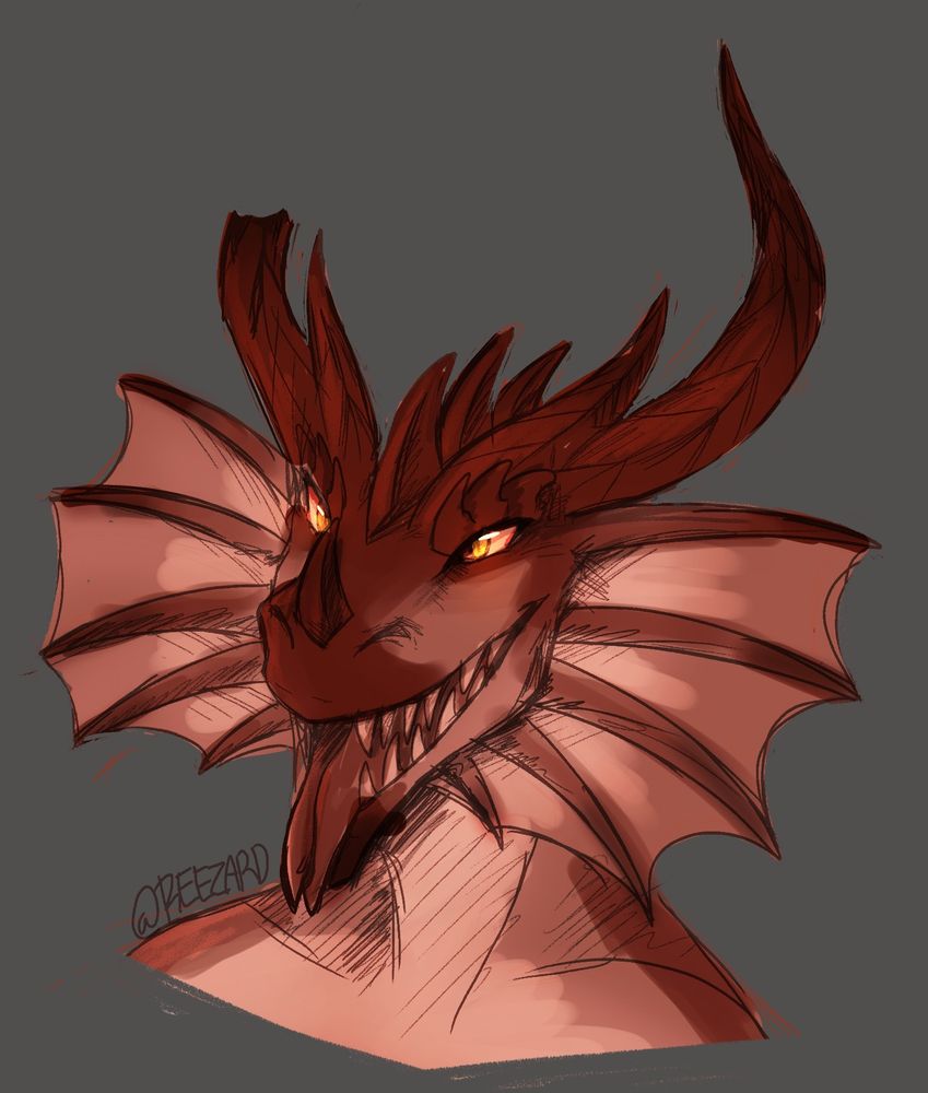Monochrome sketch of a red dragon, it shows the character from the shoulders, looking at the viewer with her mouth open