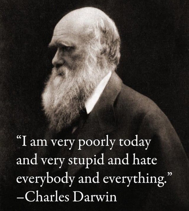 Photo of Darwin with the quotation “I am very poorly today and very stupid and hate everybody and everything”