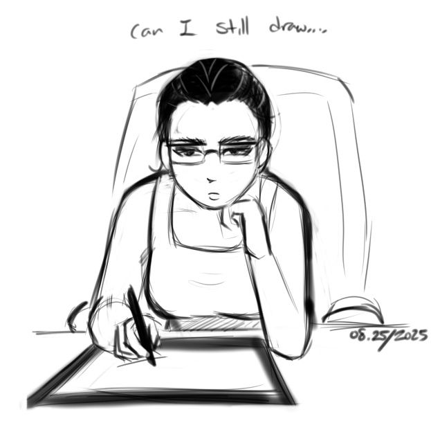 A cartoony self-portrait of OP who is drawing themself on a drawing tablet with the caption"Can I still draw...." Their posture is slumped forward, looking burnt out and exasperated. Their eye makeup is visible behind the rectangular glasses, emphasizing their expression. 