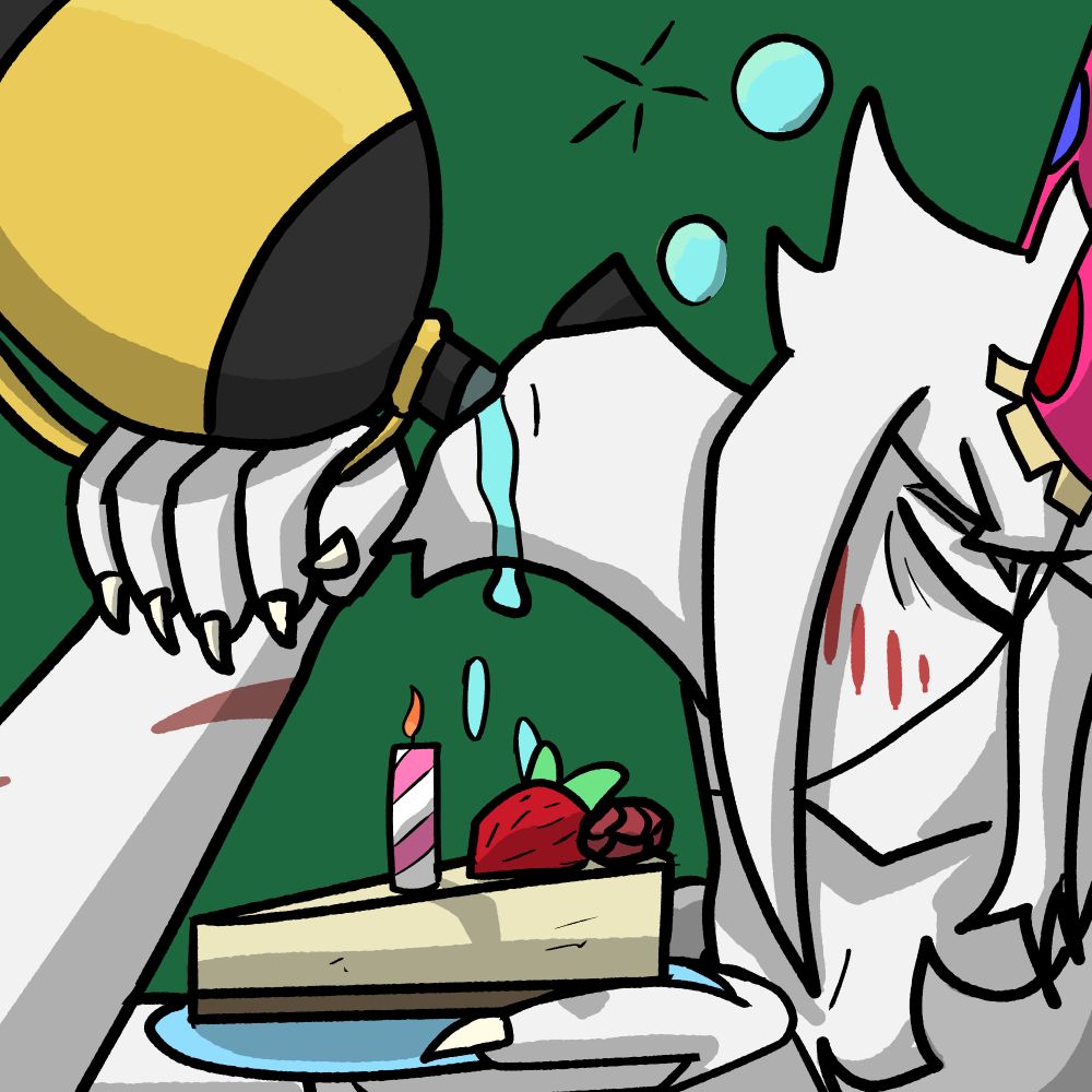 Wolfric (werewolf form) drinking sake like an idiot, spilling it down his chin. This time, he has two party hats barely in frame on, and a cheese cake slice with a strawberry, rassberry, and a lit candle in his hand.