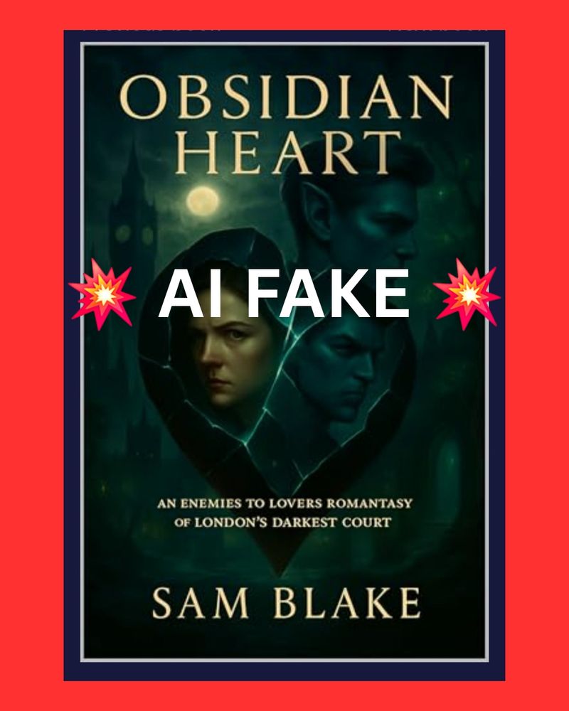 An AI generated cover of a dark romantasy book passing itself off as written by Sam Blake. Sam has added the text AI FAKE across the cover with explosive emojis 