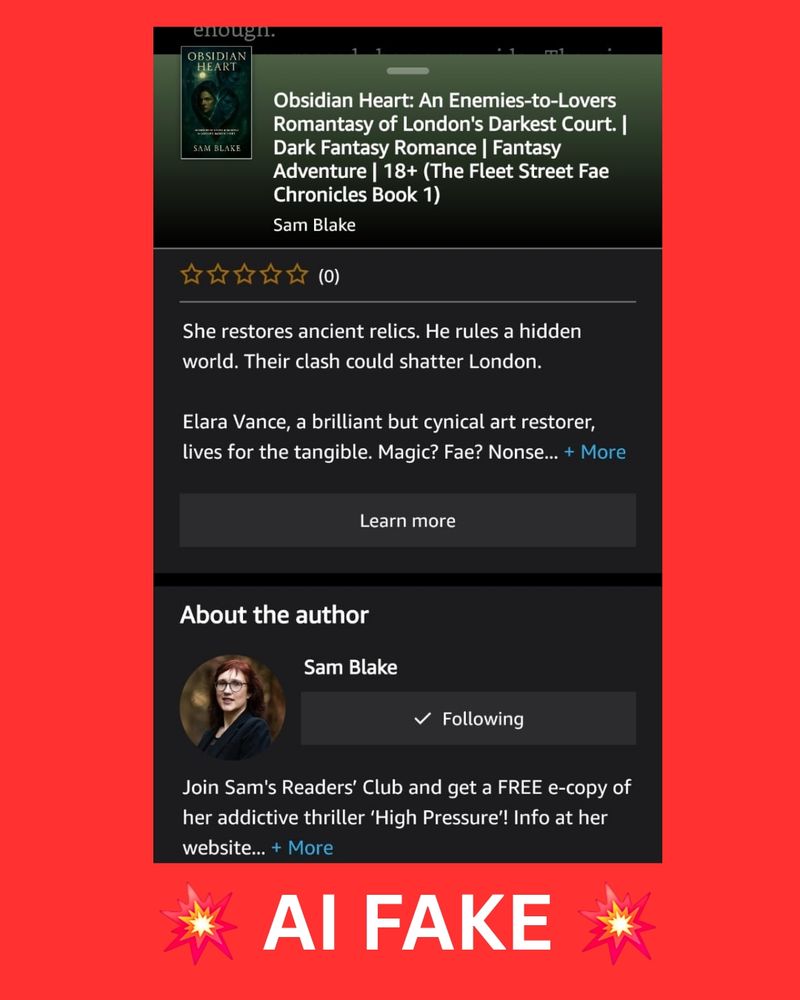 A screenshot of the title and blurb of an AI generated book passing itself off as written by Sam Blake. There are no reviews which is something of a relief 