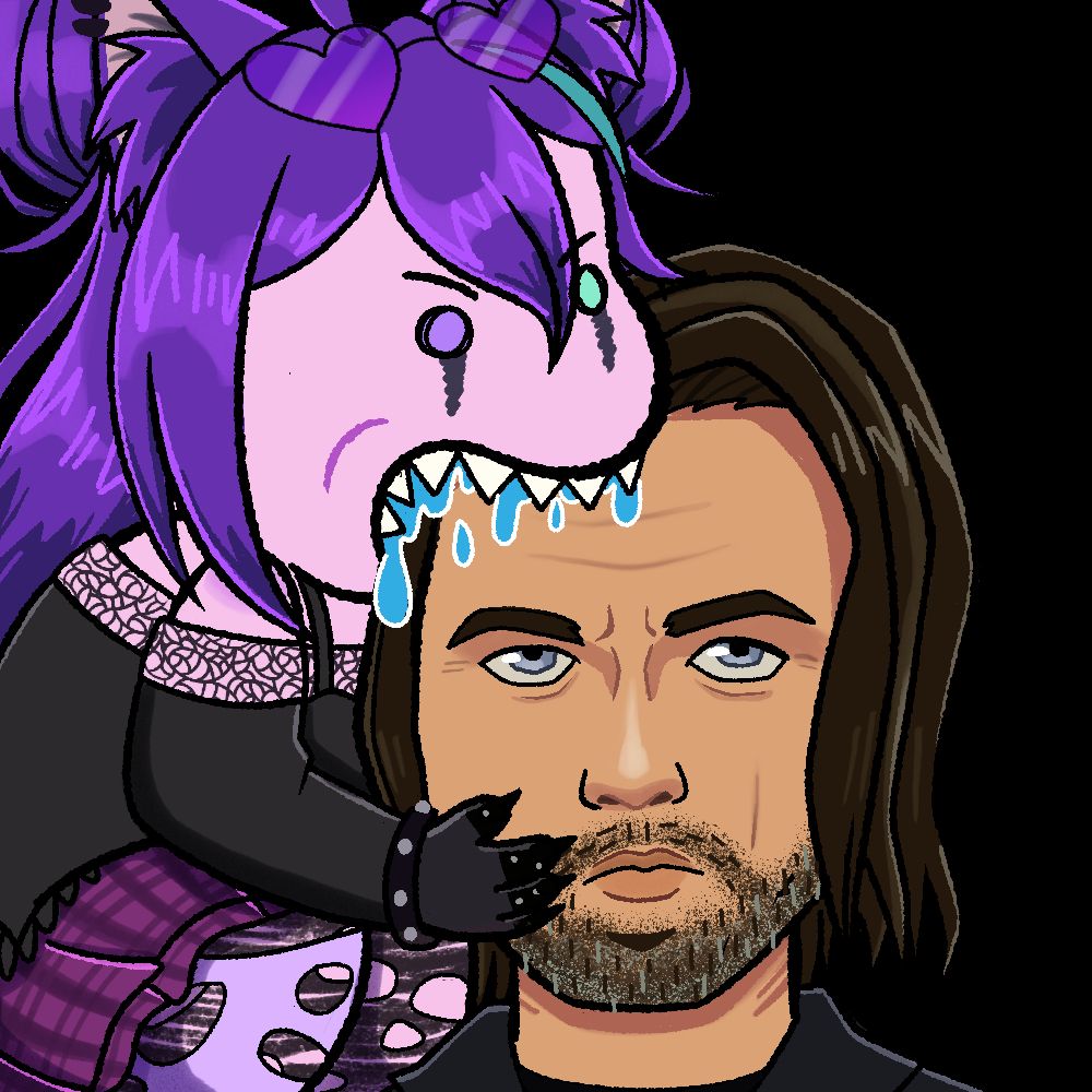 blorbo biter YCH drawing of Neesa chewing on Bucky Barnes' head