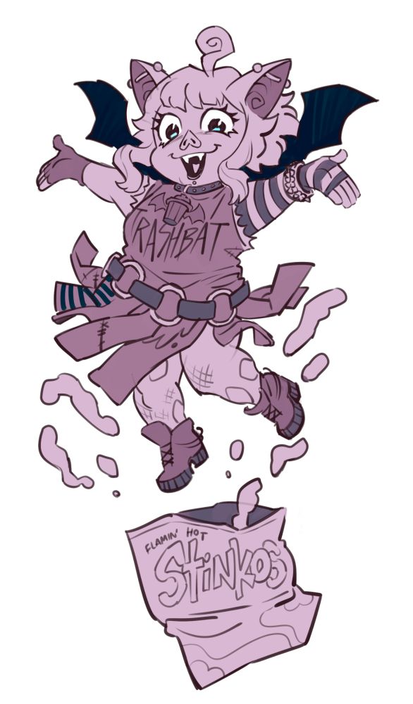 art by quasimaddi

Trash Bat Char jumping out of a bag of "Stinkos" (Cheetos), flying in a pose that kind of says "ta daaa" with cheesy snacks floating around them