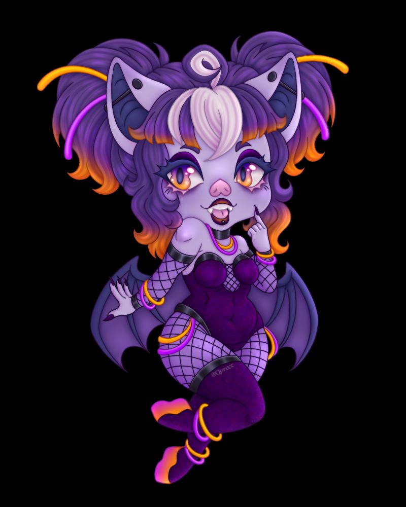 art by @qorcet.bsky.social‬

a chibi Trash Bat Char (in the neon design made by GlowTheSuccubus) flying with a playful expression