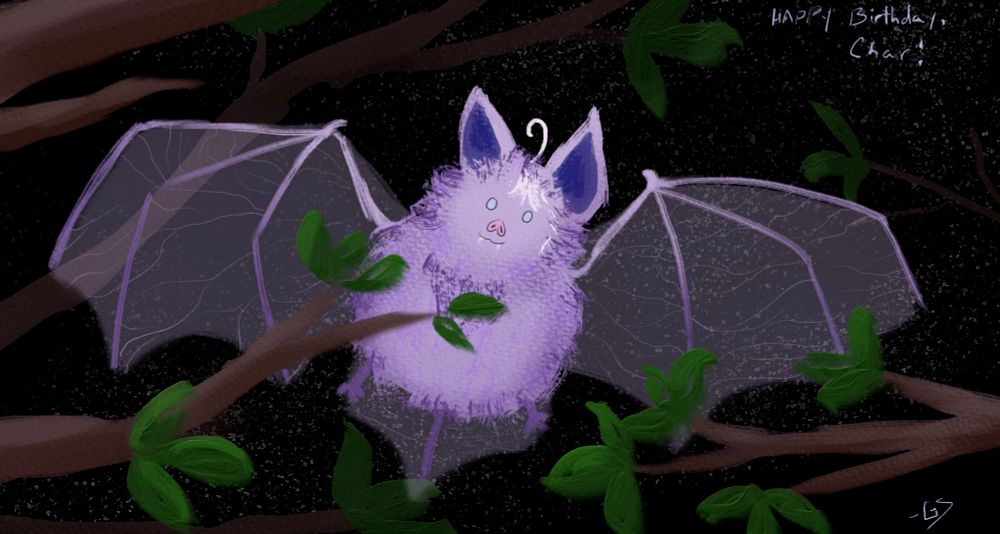Fantastic art by @measurepebbles of Trash Bat Char as a real life lavender bat, flying near a tree against a starry night sky. The body is incredibly fluffy and the wings are transluscent.