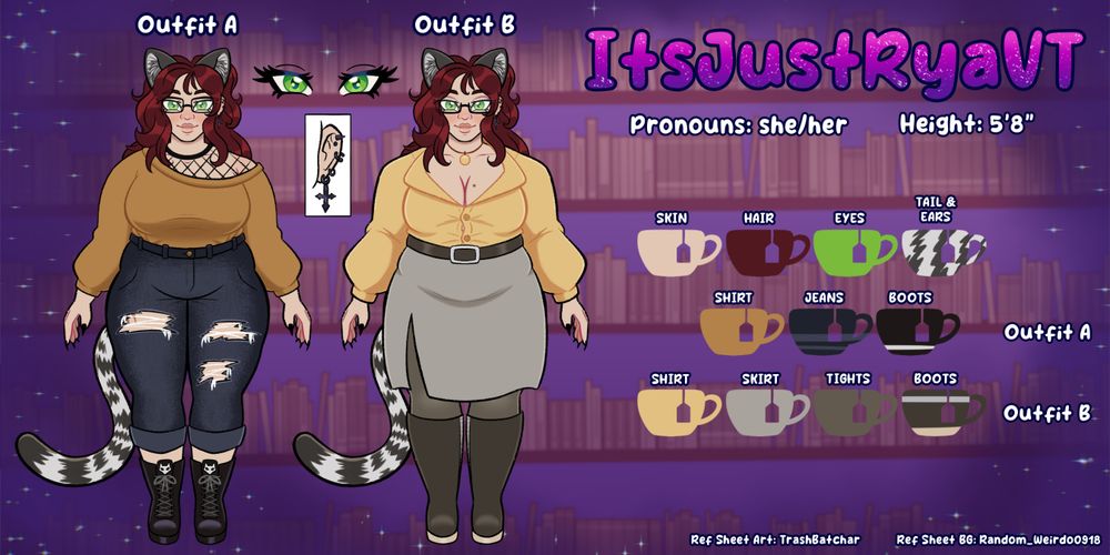 Reference sheet for Rya, a white tiger shifter v-tuber. 
Pronouns: she/her Height: 5'8"

She has dark auburn hair, vibrant green eyes, and dark grey & white tiger ears and striped tail. She is shown wearing two outfits: outfit A is a mustard yellow sweater revealing a fishnet shirt underneath, high-waisted dark jeans with ripped holes, and black boots with white tiger heads on the tongues. The second outfit is a light yellow button-up shirt with a big collar, a belted light grey skirt that comes to just above the knees, and knee-high black boots. Both outfits sport glasses and ear piercings on her human ears. The references and color palette are against a background of bookshelves in a purple starry space made by Random_Weirdo0918.