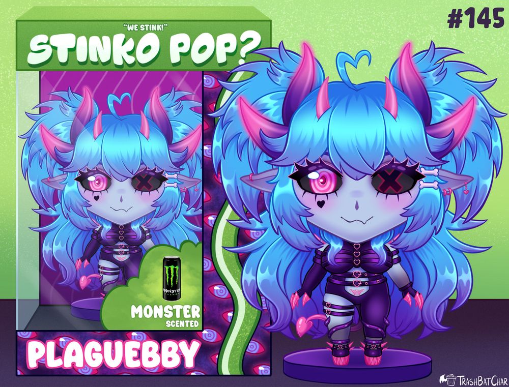 A picture of a Stinko Pop in-box and out-of-box. Stinko Pops are custom digital illustrations depicting characters as "scented" chibi vinyl figures. This is the Stinko Pop for PlagueBby, an eldritch succubus v-tuber with long light blue hair worn half-down & half in bushy pigtails, with a subtle purple gradient at the tips. She has light gray skin & eyes with black sclera and heterochromia -- the left eye is pink with a spiral, and the right is a black X with a red outline. There is a small black heart on her cheek below the left eye. She has six purple & pink horns on her head, and is wearing a dark purple asymmetric bodysuit with several belts with pink heart-shaped buckles. There are pink spikes and tentacles with pink demon eyes adorning the outfit, and she has a succubus tail. The in-box version has a pattern of pink & purple demon eyes on it and is Monster "scented", with a drawing of a can of Monster Energy.