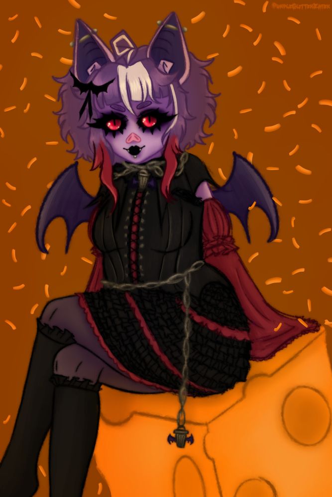 amazing birthday art by PurpleGlitterEater!!!!!!

art of Trash Bat Char in a black and red gothic dress sitting on a giant block of cheese w/ an orange cheese confetti background