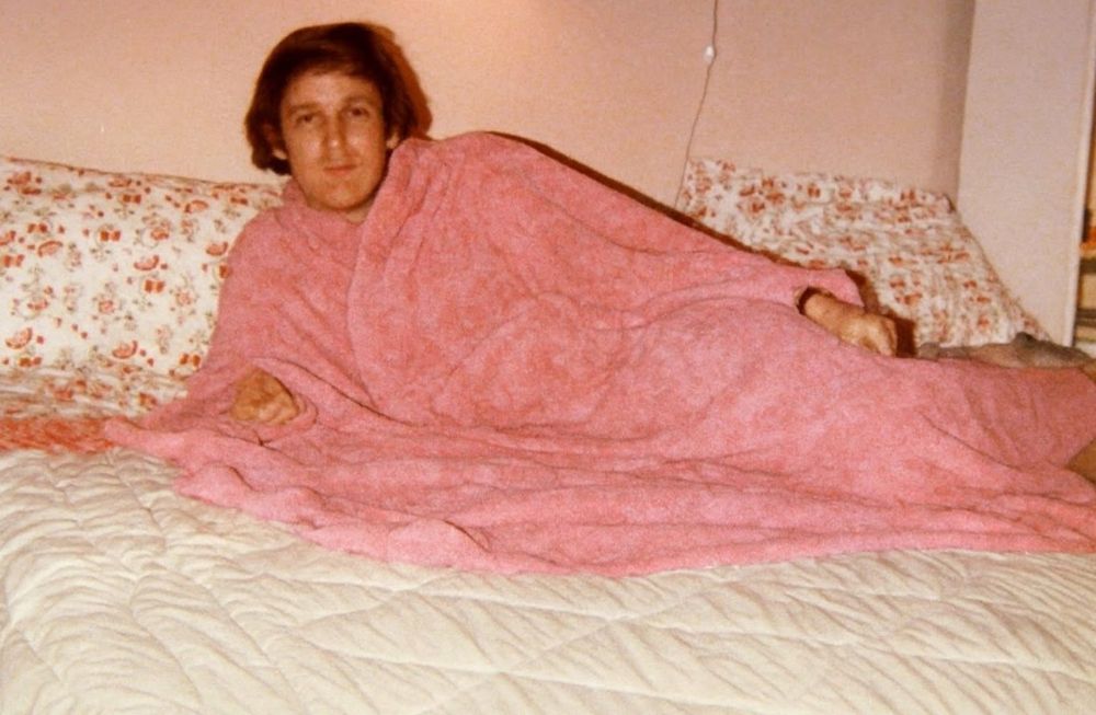 Trump lounging in a pink robe. Pig in a blanket 