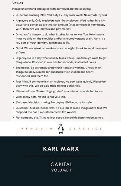 Penguin cover of Capital Volume 1 by Karl Marx with the featured image as a set of bullet points from a cursed job posting