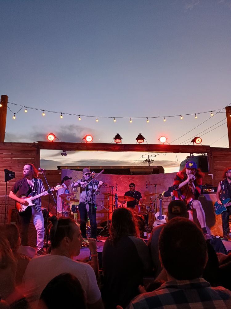 View from the second or third row of the pit: a ragtag group of a half-dozen musicians play raucous   carnival punk on a stage underneath an expansive twilight sky