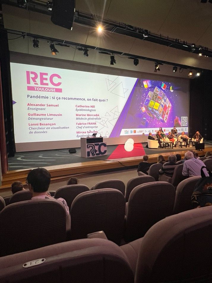 Photo d’une salle avec un écran géant annonçant le programme d’une table ronde au rencontre REC
TOULOUSE. 
Les Rencontres de l'Esprit
Critique
@lesrec.bsky.social


« Pandémie: si ça recommence, on fait quoi ?
Alexander Samuel
Enseignant
Catherine Hill
Epidémiologiste
Guillaume Limousin
Démangeaiseur
Marine Mercadié
Médecin généraliste
Lonni Besançon
Chercheur en visualisation de données
Fabrice FRANK
Chef d'entreprise
Mircea Sofone » 
