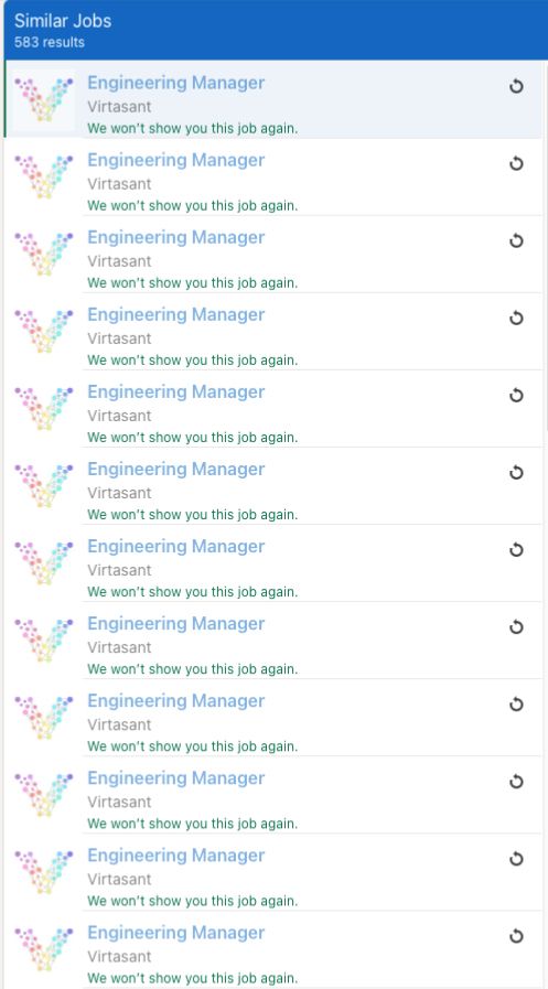 LinkedIn screenshot of "Related Jobs" tab. It is filled with the exact same Engineering Manager job listed several hundred times, most of which I have already marked as "Hide"