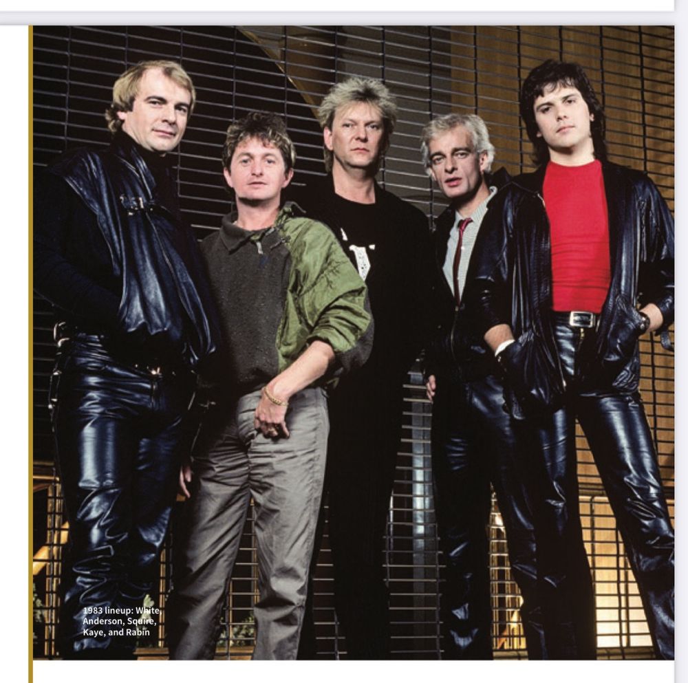 Publicity still of Yes, c. 1983. Caption reads "1983 lineup: White, Anderson, Squire, Kaye, and Rabin."