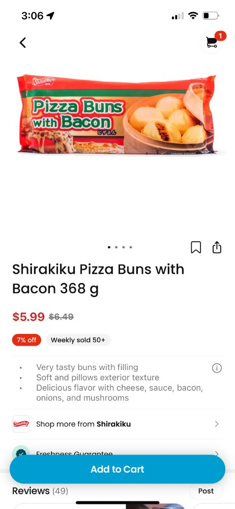 Screenshot of Wheee! Asian Grocery app, showing Shirakiku Pizza Buns with Bacon 368g, for $5.99.