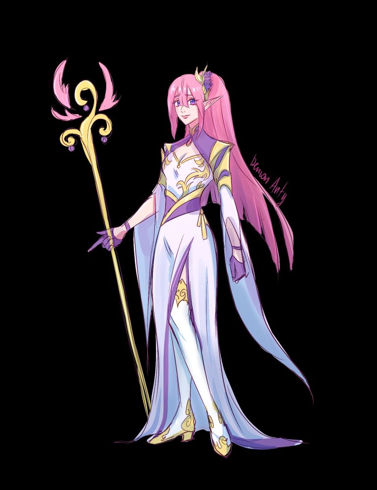 A gorgeous pink haired elf in flowing blue and purple robes, holding an intricate golden staff with purple orbs and pink wings by demon arty