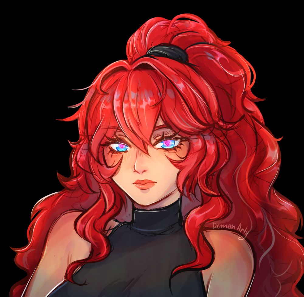 A woman with voluminous red hair tied up in a pony tail. Pale skinned, with tricolour eyes (purple fading unto blue ringed by black). She's wearing a black halter top. Art by Demon Arty 