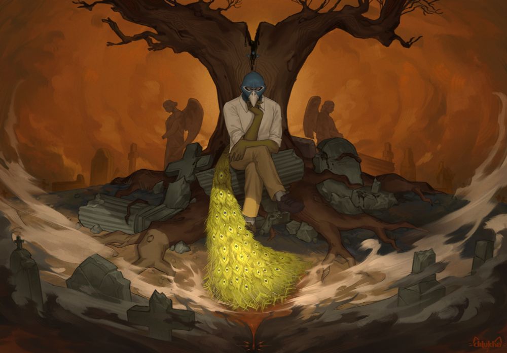 P (a character from Minotaur Hotel, an anthropomorphic peacock) sits cross-legged among the decrepit ruins of a cemetery, his train resting in front of him with all its feather brightly illuminated. 

Behind him, a dead tree that looks almost split in half, black goo oozing from it it and sliding directly behind P's head.

The clouds on the red sky are shaped in a way almost reminiscent of a spiral. Under P's tail, the ground becomes red, ending in a single drop of blood.