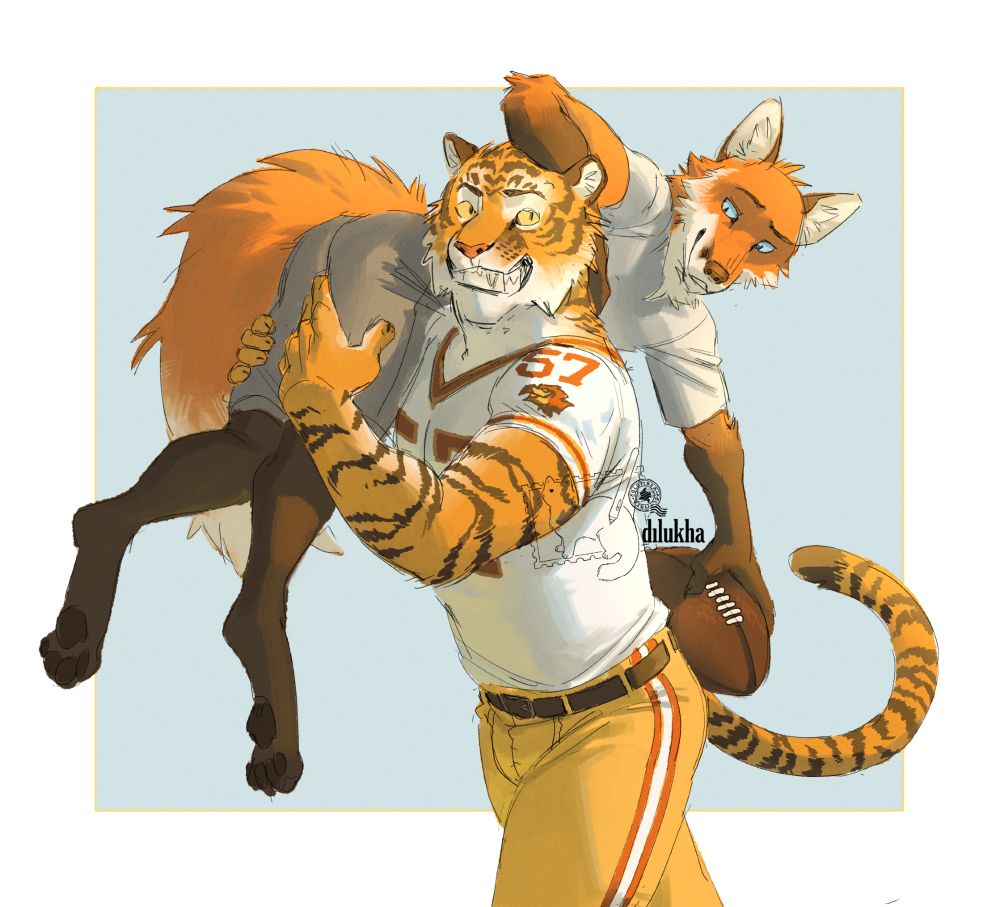 The characters Dev ( a muscular tiger in a football uniform) and Lee (a smaller fox) from the book series Out of Position. Dev, with a bright smile, carries a sly looking Lee over his shoulder.